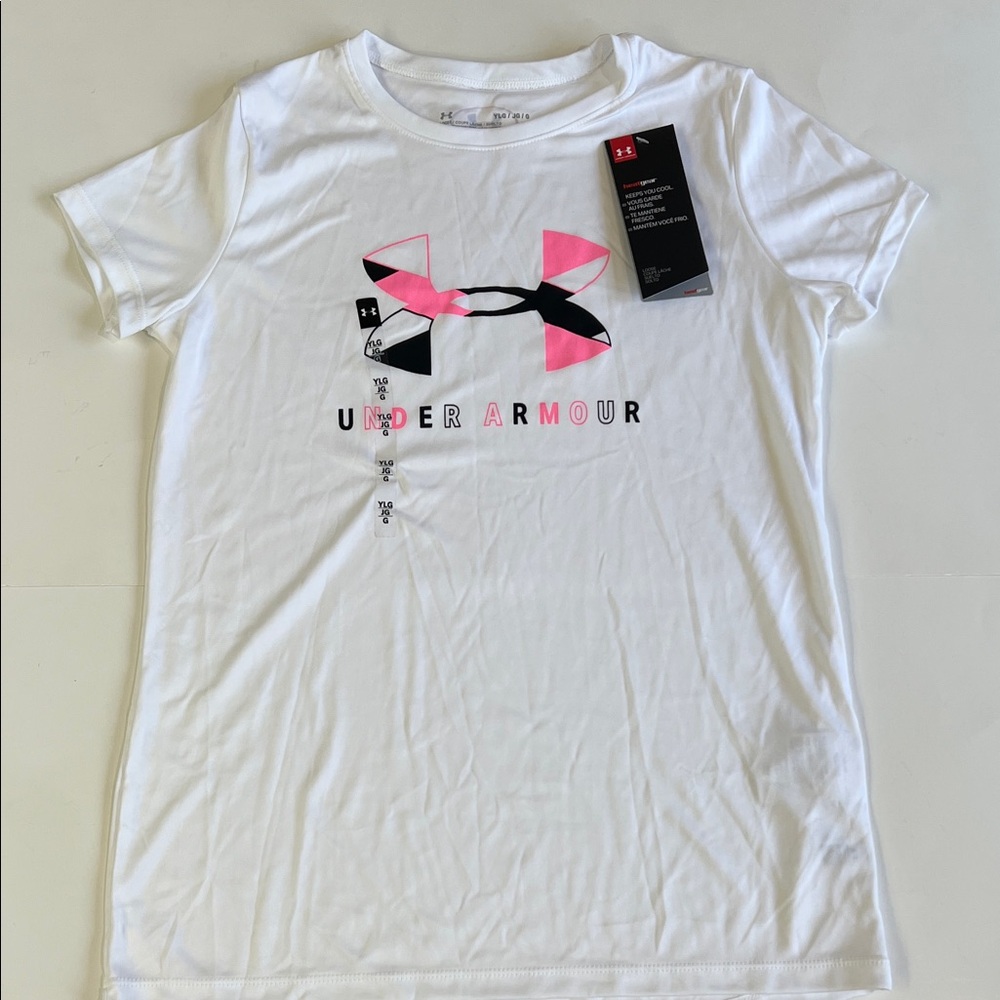 New girls Under Armour White T-Shirt with Pink Logo in size large